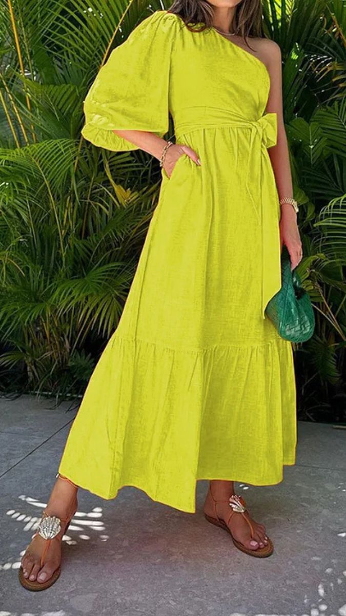 One Shoulder Puff Sleeves Dress - Image 2