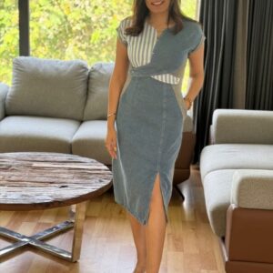 Denim Striped Dress With Pockets